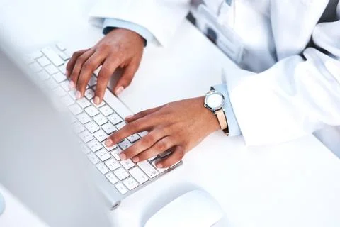 Scientist, hands and computer research in lab or biotechnology experiment Stock Photos