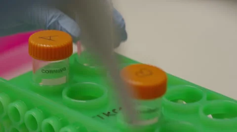 Scientist hands with gloves using test tube n liquids,  research Genome Science Stock Footage 58862879