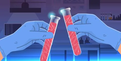 Scientist hands holding test tubes with cultured red raw meat made from animal Stock Illustration
