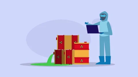 Scientist in Hazmat Suit Checking Leaking Radioactive Waste Barrels cartoon.. Stock Footage 337940684