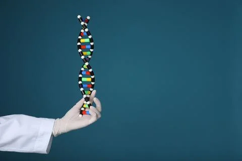 Scientist holding DNA structure model on dark blue background, closeup. Spa.. 스톡 사진