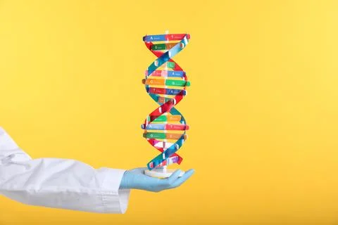 Scientist holding DNA structure model on yellow background, closeup Stock Photos