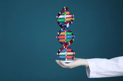 Scientist holding DNA structure model on dark blue background, closeup. Spa.. 스톡 사진