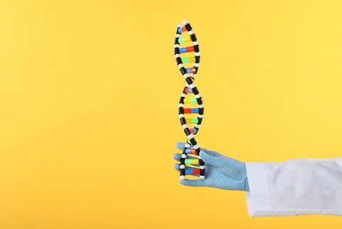 Scientist holding DNA structure model on yellow background, closeup. Space .. 스톡 사진