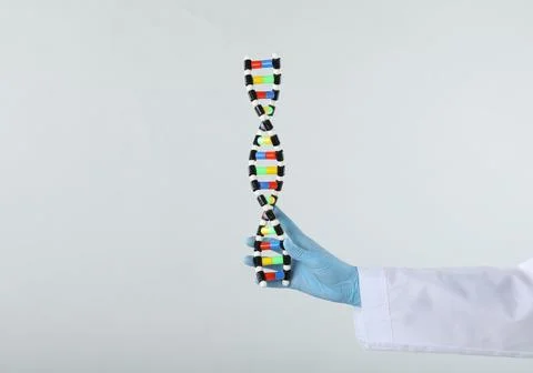 Scientist holding DNA structure model on white background, closeup Foto stock