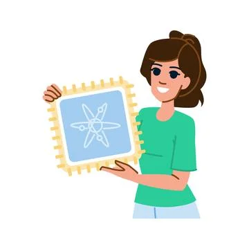 Scientist holding quantum computing microchip smiling Stock Illustration