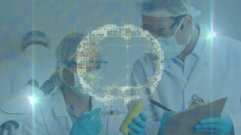 Scientist holding syringe starting test, peer noting results, brain pulsing over Stock Footage 330577313