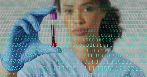 Scientist holding test tube with binary coding over laboratory animation Stock Footage 306432985