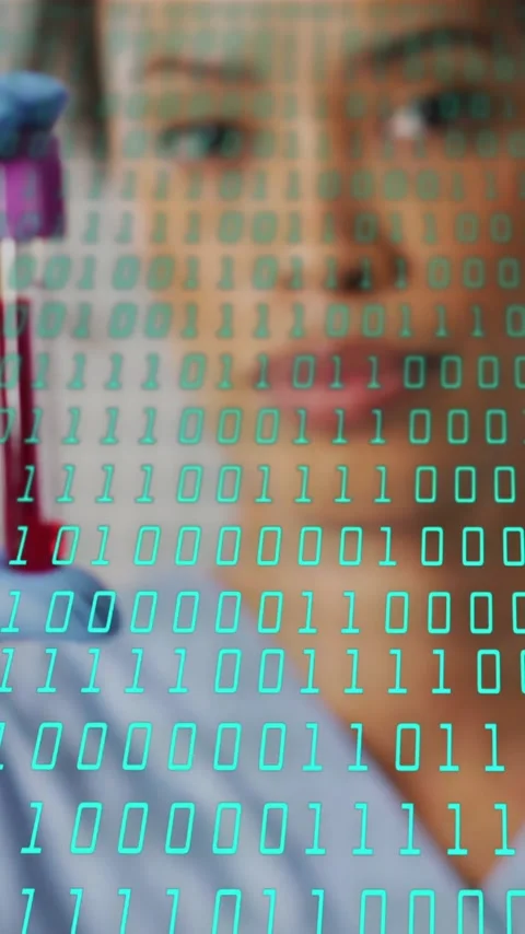 Scientist holding test tube with binary coding over laboratory animation Stock Footage 320093219