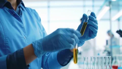 Scientist holding test tubes in a laboratory doing research. Stock Footage 311082755