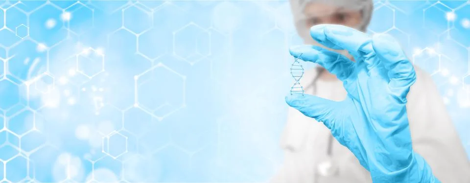 A scientist holds a 3D rendering of a DNA molecule in his hands. The concept of Stock Illustration