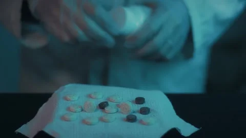 Scientist Inspecting Pills In Dark Lab With Syringe And Bottle Stock Footage 322605934
