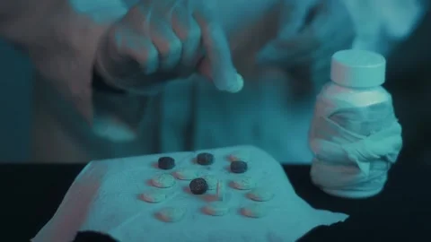 Scientist Inspecting Pills In Dark Lab With Syringe And Bottle Stock Footage 322605936