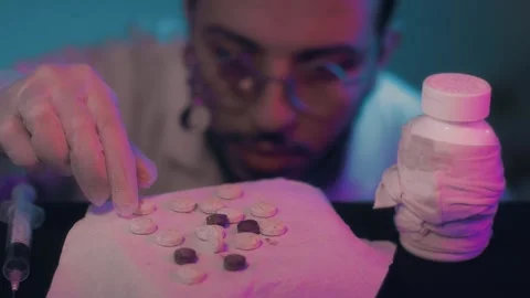 Scientist Inspecting Pills In Dark Lab Drug Production Concept Stock Footage 322606503