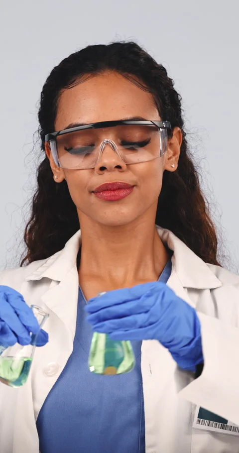 Scientist, inspection and liquid in studio for chemistry, research and medical Vídeo Stock 336853282