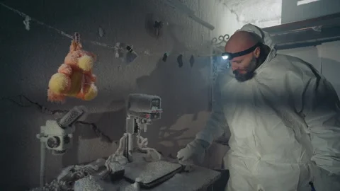 Scientist inspects icy specimen inside deserted lab environment. Hazmat suited 動画素材 342747515