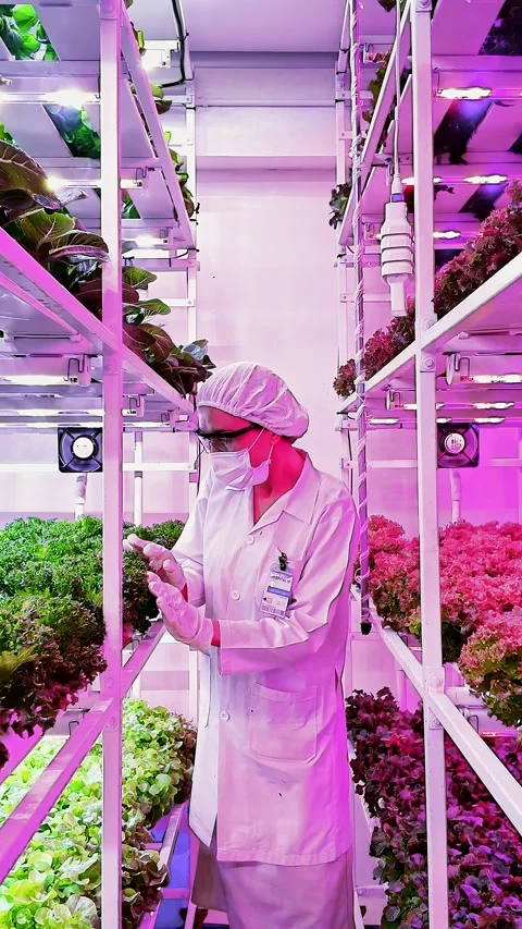 Scientist inspects leafy greens in a vertical hydroponic farm under LED grow Video stock 321338251