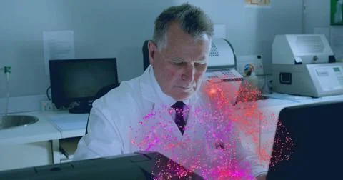 Scientist in lab coat analyzing particle visualization overlay on screen in lab, Stock Photos
