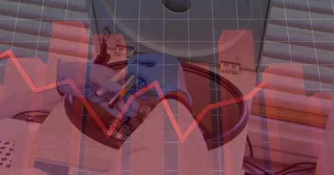 Scientist in lab coat analyzing samples with centrifuge, data overlay on screen Foto stock