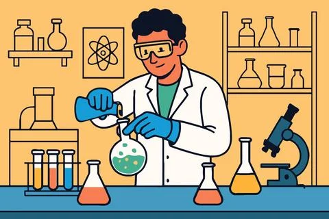 Scientist in lab coat conducting experiment with colorful liquids in glasswar Stock Illustration