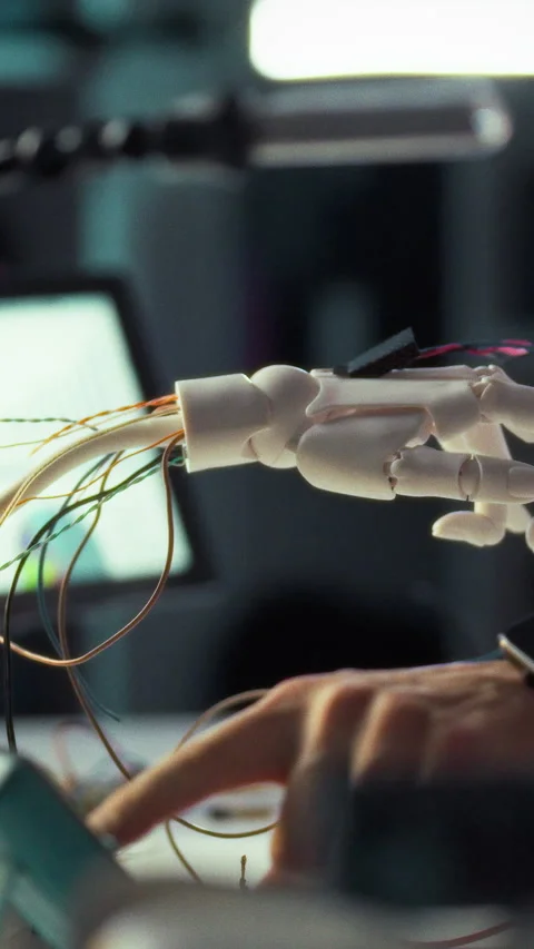 Scientist in lab coat is engrossed in fine-tuning robotic hand configuring w Stock Footage 331725651