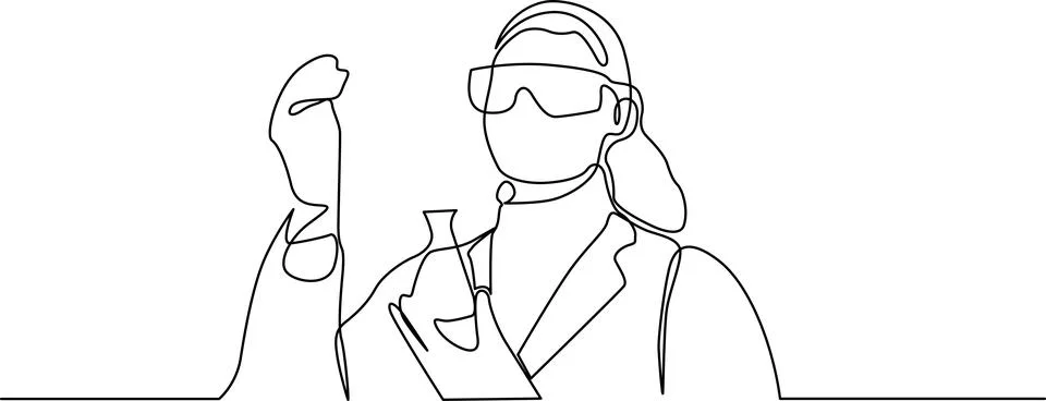 A scientist in a lab coat examining a test tube with a magnifying glass. Vect Illustrazione stock