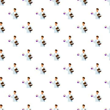 Scientist in lab coat holding flask and clipboard repeating pattern Stock Illustration