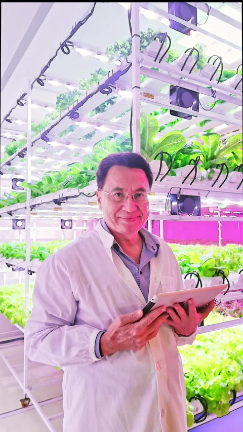 Scientist in lab coat holding tablet inside modern hydroponics farm. LED lights Stock-Footage 314370843