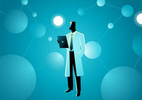 Scientist in lab coat in the middle of artificial neurons Stock Illustration