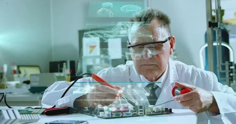 Scientist in lab coat testing circuit board at lab bench, with probes and neural 스톡 사진