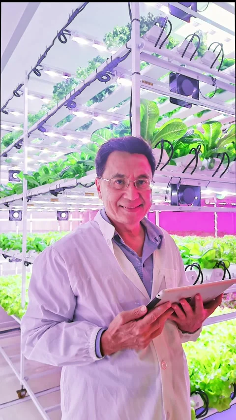 Scientist in lab coat using a tablet inside an indoor vertical farm Stock Footage 315206479