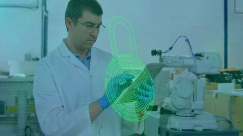 Scientist in lab coat using tablet with fingerprint security animation over Stock Footage 326425319