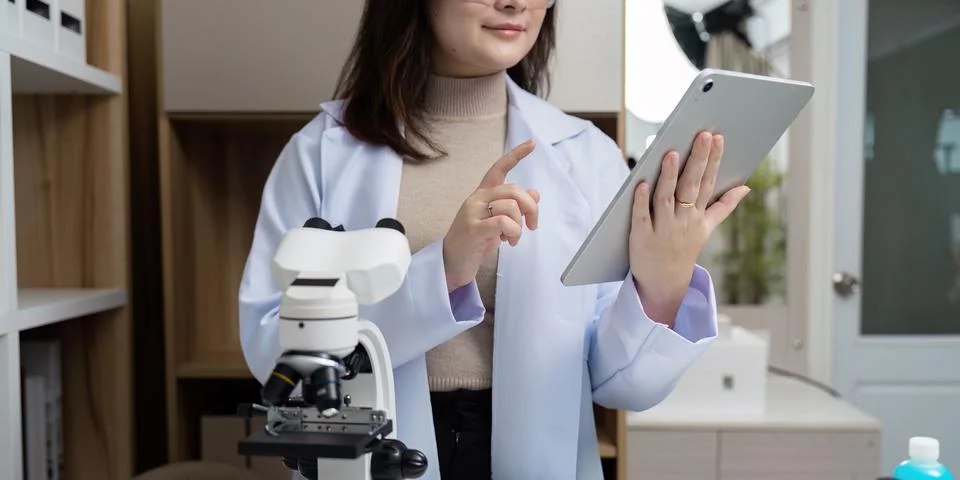 Scientist in Lab Coat Using Tablet Next to Microscope in Modern Laboratory Stock Photos