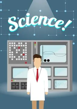Scientist in Lab Concept with Retro Computer Device - Vector Illustration Stock Illustration