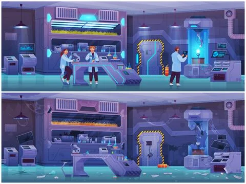 Scientist in lab conduct experiment. Study of technology with equipment before Illustrazione stock