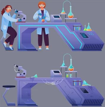 Scientist in lab conduct experiment. Study of technology with equipment before Stock Illustration