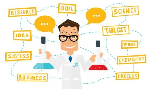 Scientist with lab flask and elements of infographics Illustrazione stock