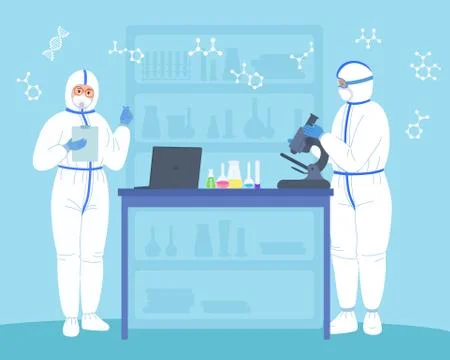 Scientist in lab microscope protective suits mask Stock Illustration