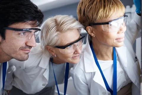 Scientist, lab testing and glasses of science team and research with safety and Stock Photos