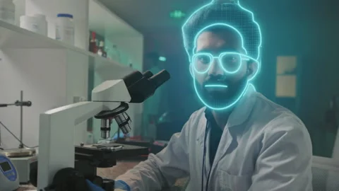 Scientist in Laboratory with Advanced Technology Overlay Stock Footage 319494454