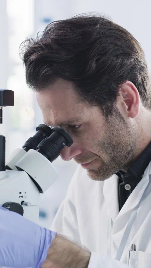 Scientist, laboratory and man with microscope for sample analysis, medical Stock Footage 331574556