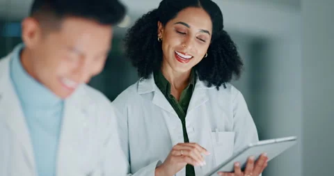Scientist, laboratory and tablet with happy teamwork for research, digital Video stock 251124440