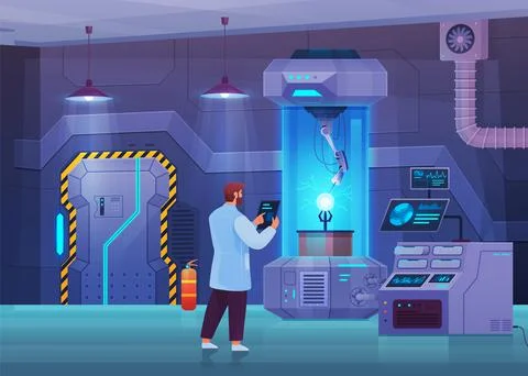 Scientist in laboratory conducts experiment. Study of technology with modern Stock Illustration