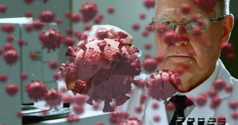 Scientist in laboratory examining virus model, focusing on research and analysis Stock Illustration