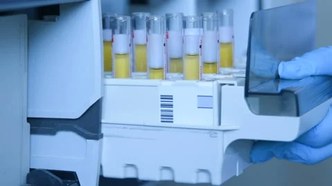 A scientist in a laboratory places test tubes with blood or urine in the Stock Footage 99952107