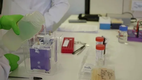 Scientist in laboratory pouring solution into well in slow motion 库存影片 73484197