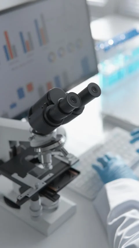 Scientist in a laboratory using a microscope to analyze data with digital charts Stock Footage 285842505
