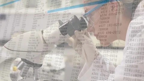 Scientist leaning, focusing and analyzing at scope, data overlay fading in Stock Footage 331286739