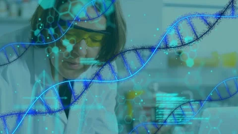 Scientist leaning in inspecting sample for genomics at bench, DNA helix graphics Stock Footage 332704471