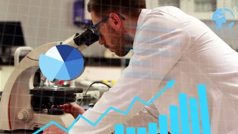 Scientist leaning over microscope, peering via lens and turning slide, creating Stock Footage 334466343